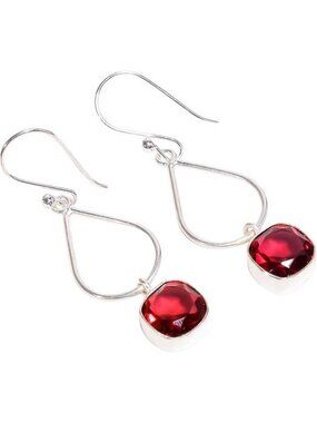 Red Garnet Cushion Cut Natural Gemstone Dangle Earrings 10x10mm 925 Silver
